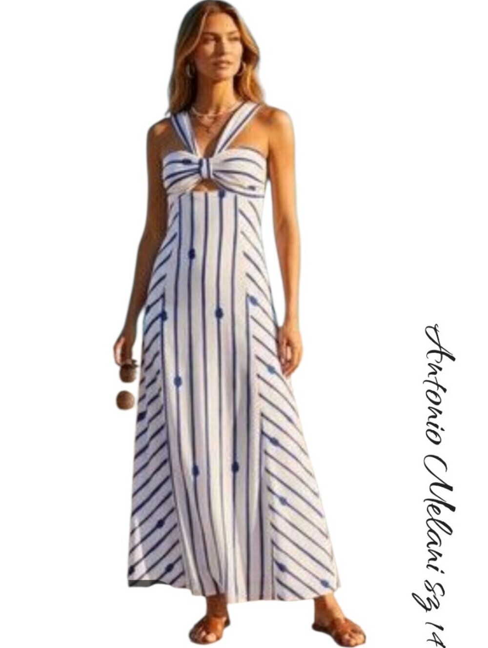 Antonio Melani Nicki Rope Stripe Linen Halter Cutout Maxi Dress Size 14